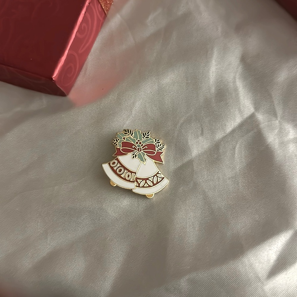 Vintage AGC designer enamel on metal Christmas bells brooch pin